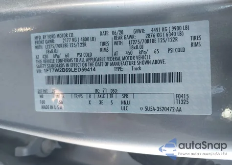 2020 Ford F-250 Lariat из США, поврежденный, VIN 1FT7W2B69LED59414